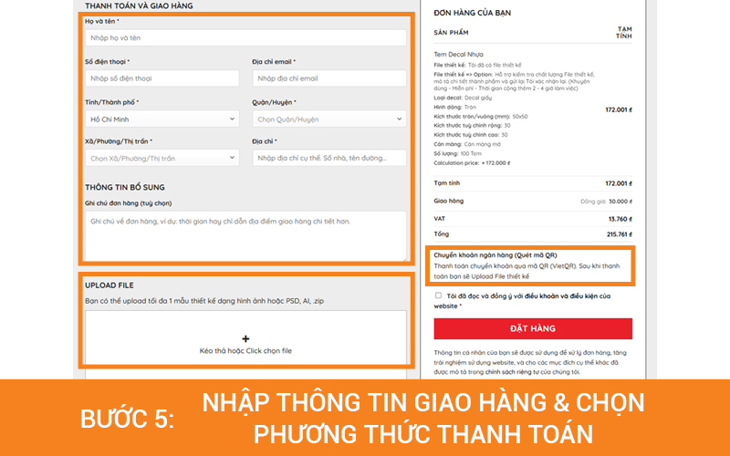 Nhập thông tin giao hàng và file thiết kế