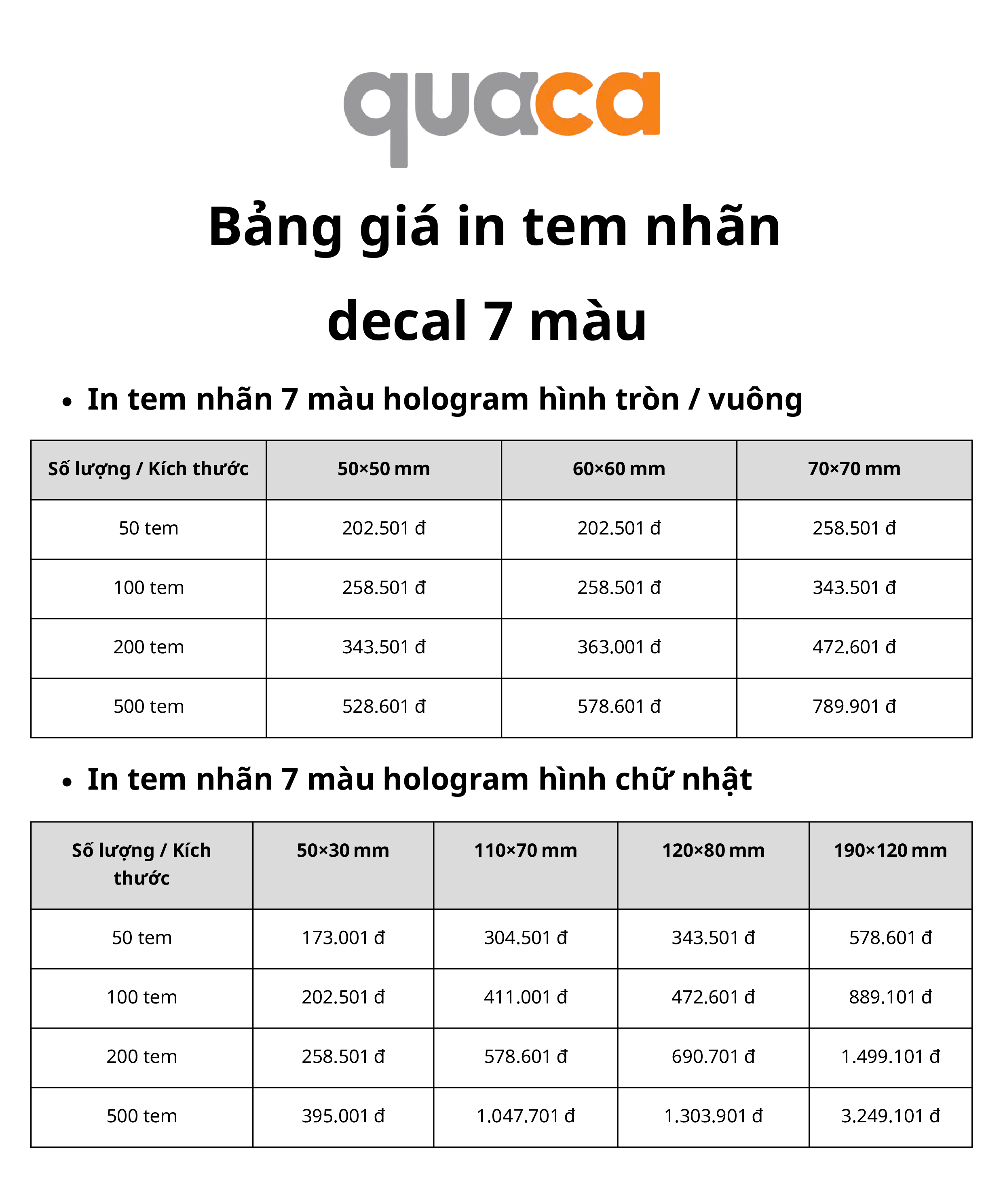 Bảng giá in tem nhãn decal 7 màu