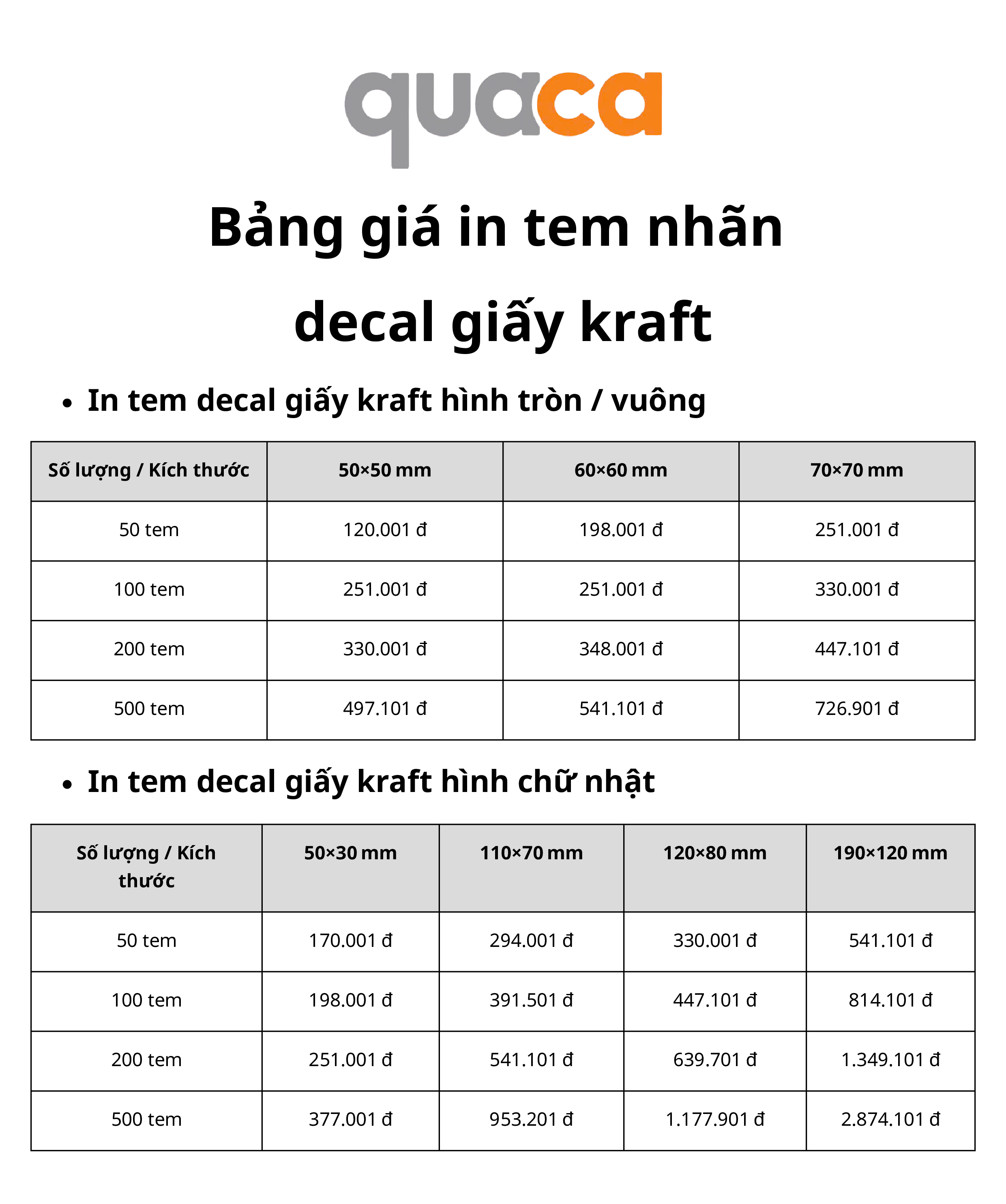 Bảng giá in tem nhãn decal giấy kraft
