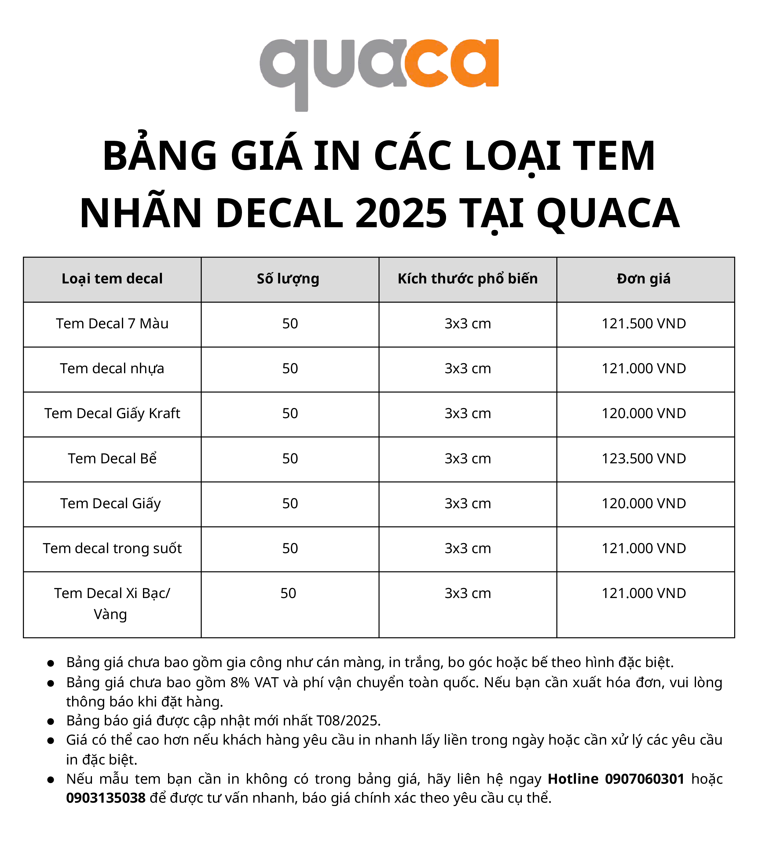 Bảng giá in tem nhãn decal mới nhất 2025 tại Quaca