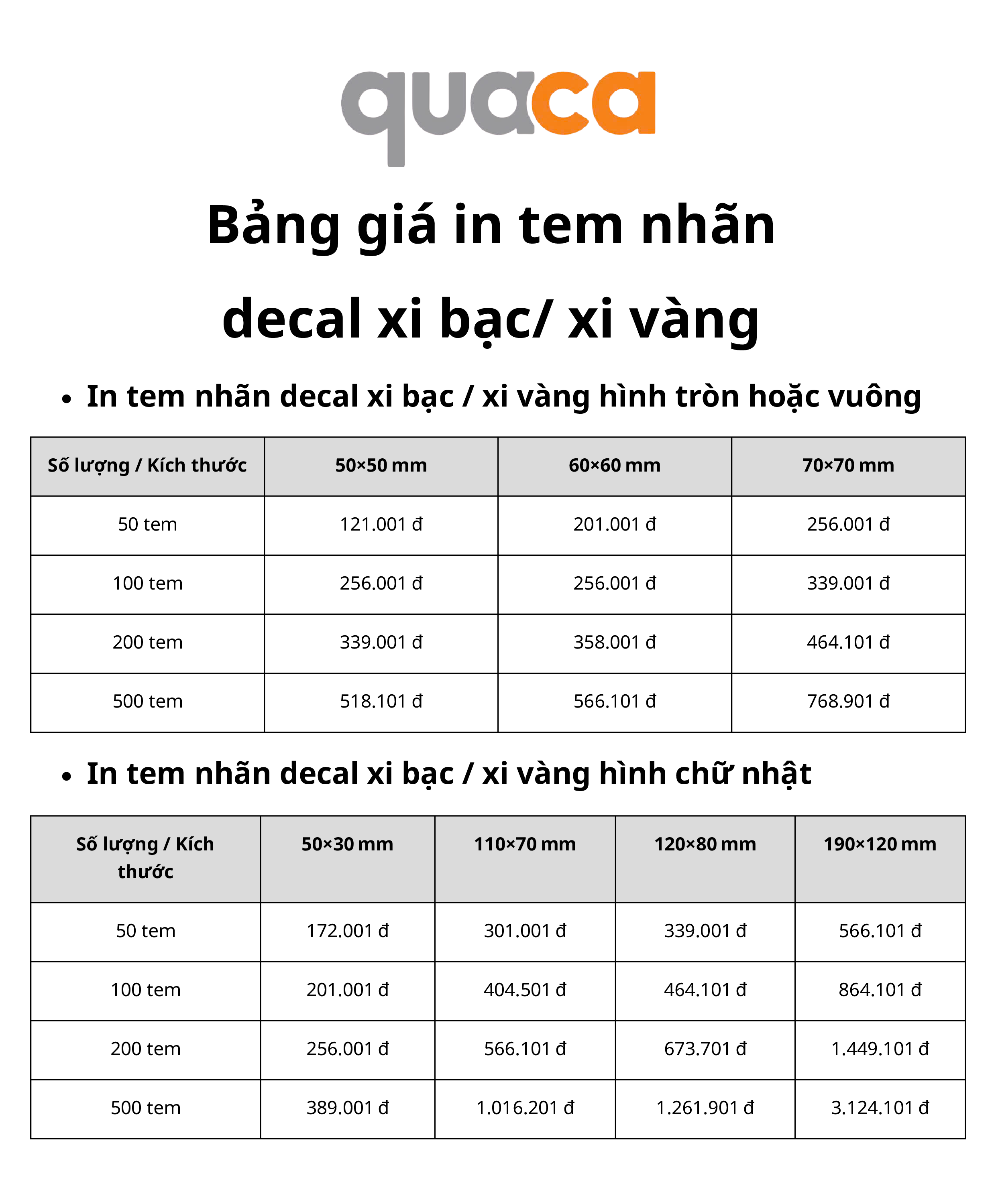 Bảng giá in tem nhãn decal xi bạc/ xi vàng